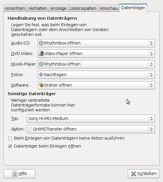 Dialog to choose what happens if a Hi-MD player with Hi-MD medium is connected